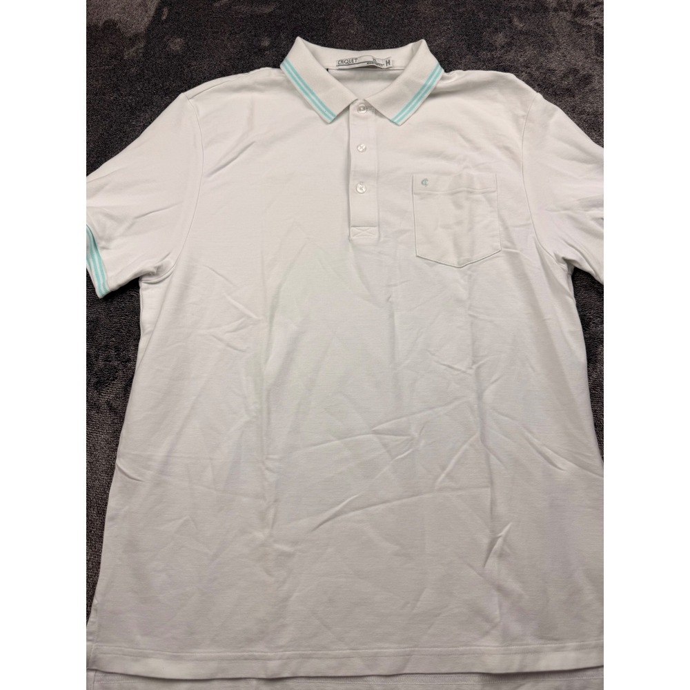 Criquet Mens XL Pima Cotton Players Shirt Polo White Blue Stripe Trim Pocket‎